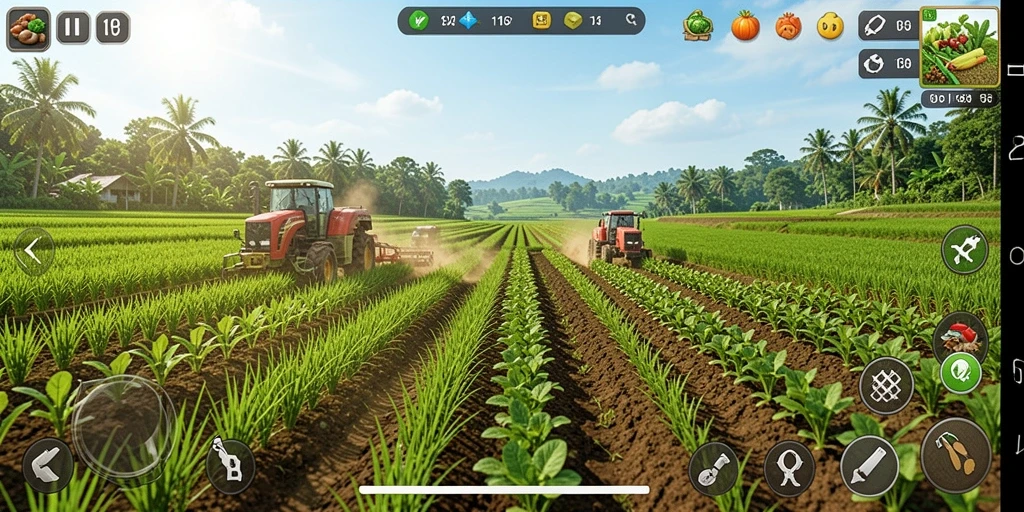 Tampilan gameplay Farming menawan di 116X dengan kebun yang subur.