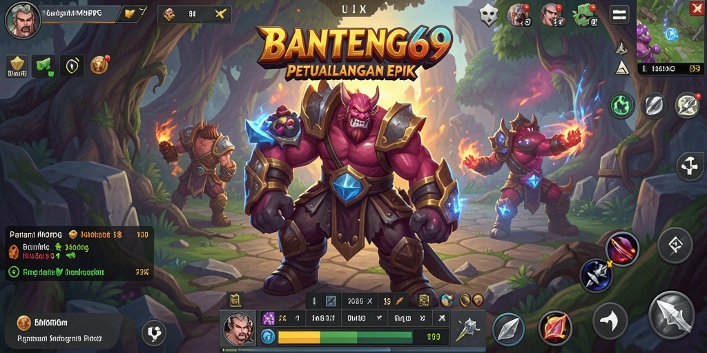 Screenshot gameplay BANTENG69 dengan pertempuran epik di dunia fantasi.