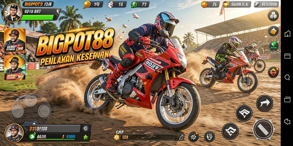 Tangkapan layar <strong>BIGPOT88</strong> memperlihatkan aksi balapan motor yang seru dan grafis menawan.