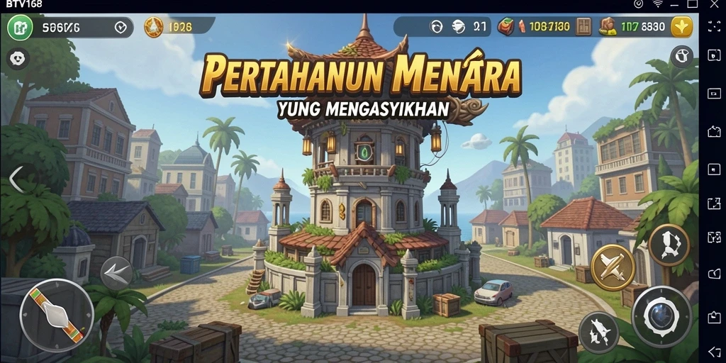 Tampilan menara dan aksi pertahanan dalam gameplay BTV168.