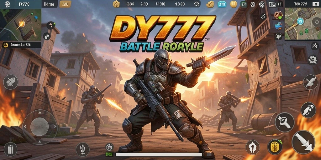 Screenshot utama DY777 menampilkan aksi seru dalam permainan Battle Royale.
