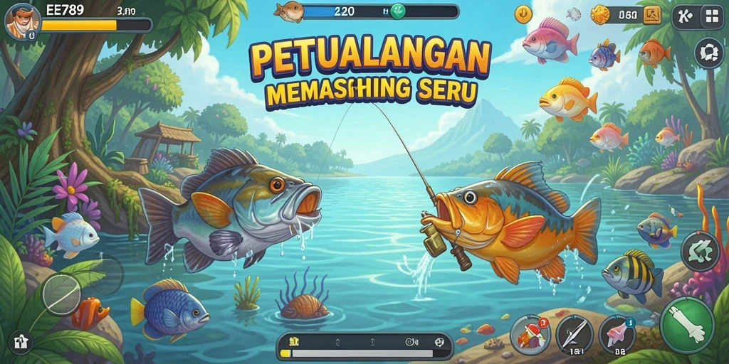 Screenshot gameplay EE789 menampilkan aksi seru memancing di laut.