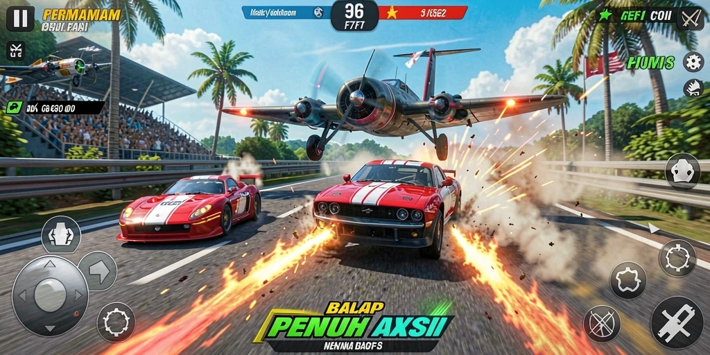 Tampilan gameplay F7F7 dengan aksi balapan yang mendebarkan.