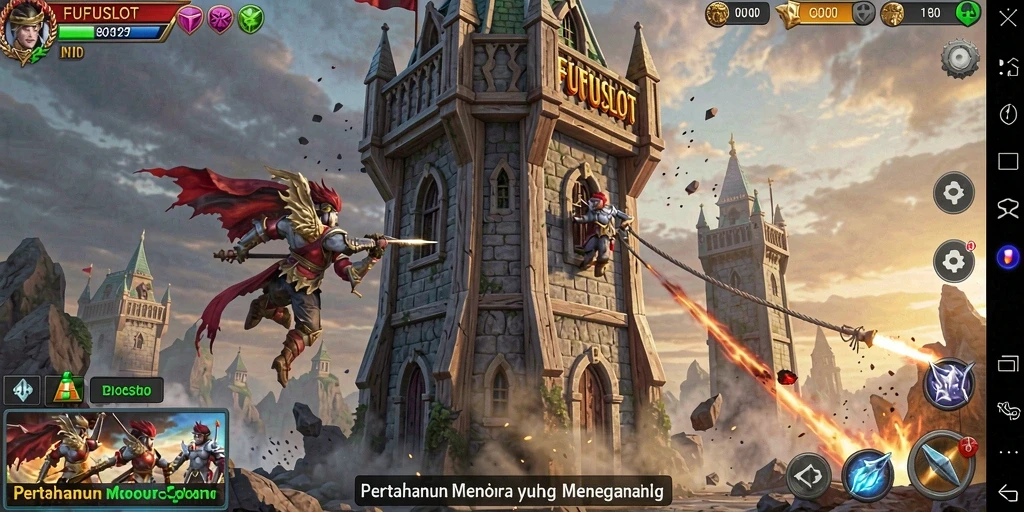 Tampilan gameplay FUFUSLOT dengan menara pertahanan yang menegangkan.