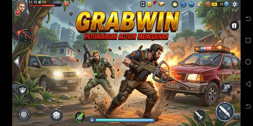 Screenshot gameplay GRABWIN menampilkan pertempuran action yang mendebarkan.