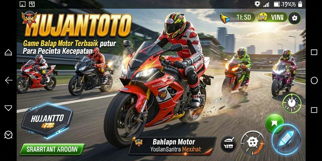 Tampilan gameplay seru dari HUJANTOTO dengan balapan motor yang memukau.