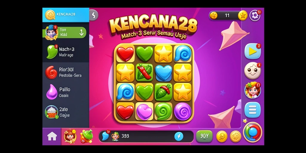 Tampilan gameplay KENCANA28 dengan berbagai item Match-3 yang seru.