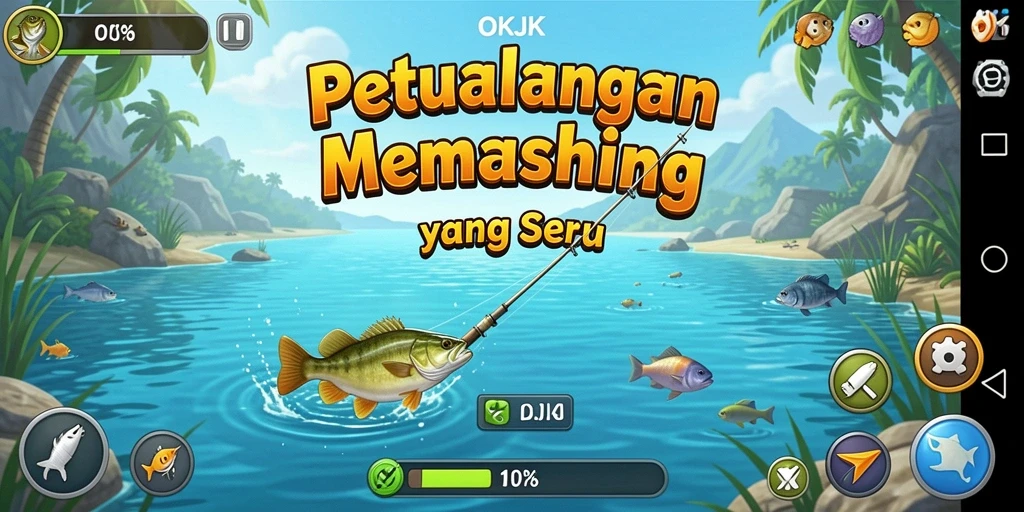 Screenshot utama OKJK menampilkan aksi seru saat memancing.