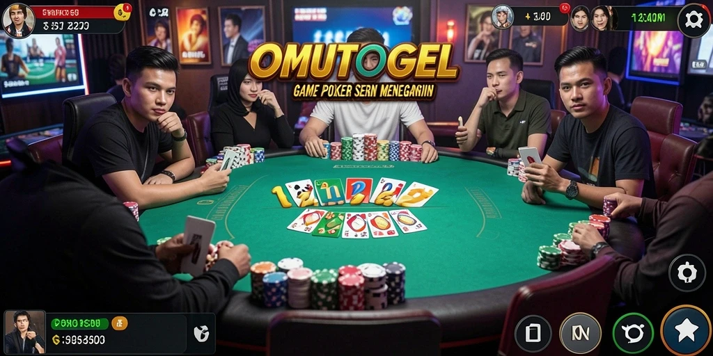 Tampilan gameplay seru di OMUTOGEL dengan banyak pemain poker.