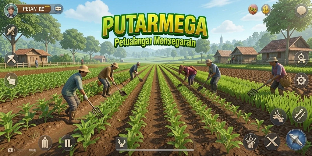 Screenshot PUTARMEGA menampilkan momen seru bertani dan merawat hewan.