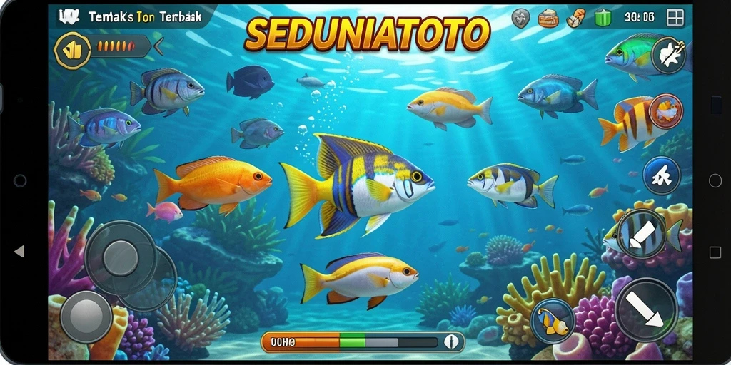Tangkapan layar gameplay SEDUNIATOTO menunjukkan aksi menembak ikan yang seru.
