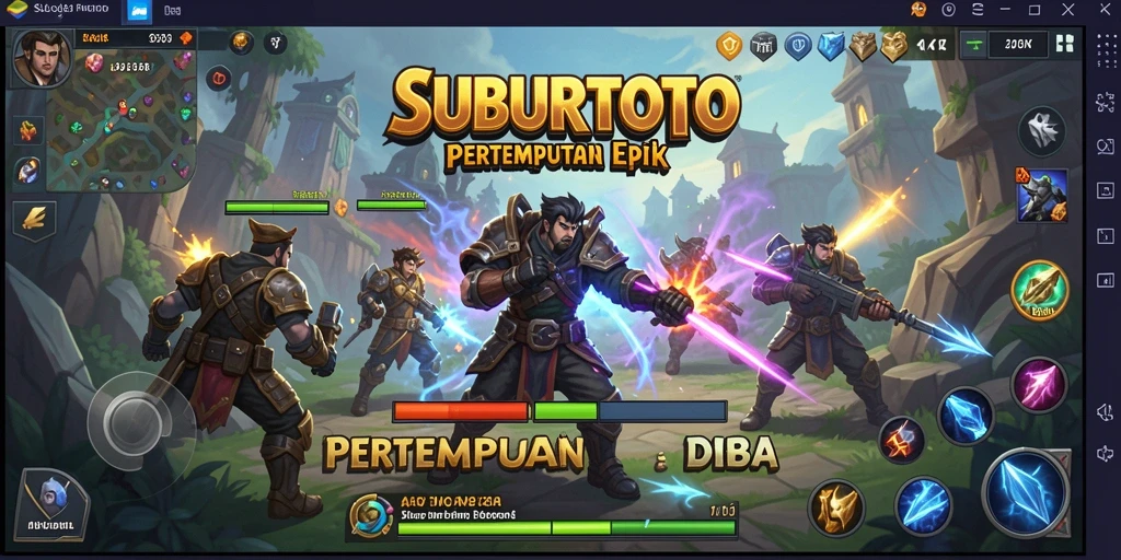 Screenshot gameplay SUBURTOTO dengan aksi pertempuran MOBA yang mendebarkan.